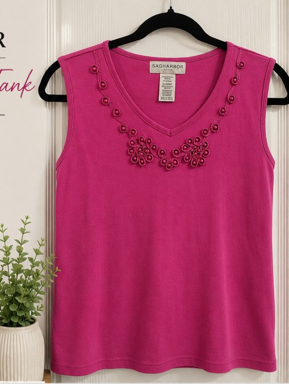 Gorgeous 100% Cotton Sleeve Scoop Neck Top in Bright Pink Embellished Petite